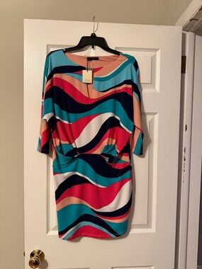 Trina Turk Wave-Print Shift Dress — Teal, Coral & Navy